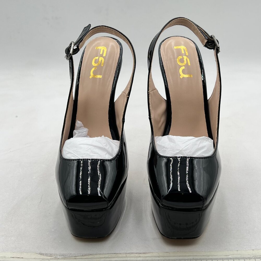 FSJ Black Square Toe Platform High Heel Slingback Pumps Sandals Shopping Shoes - Picture 2 of 7